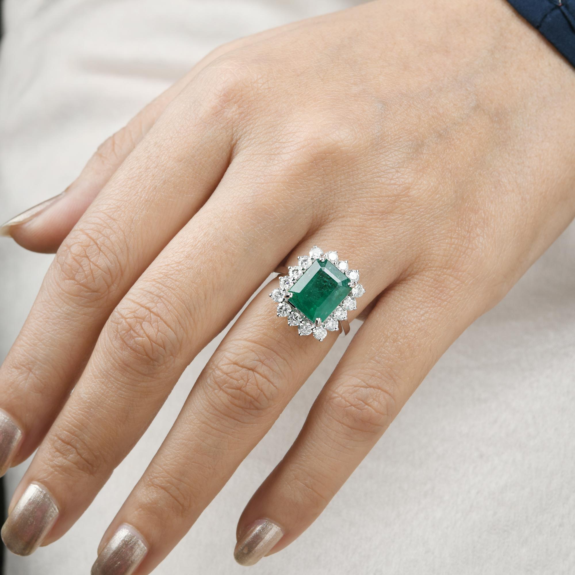 Emerald Cut Emerald Gemstone Cocktail Ring Diamond 14 Karat White Gold Handmade Fine Jewelry For Sale