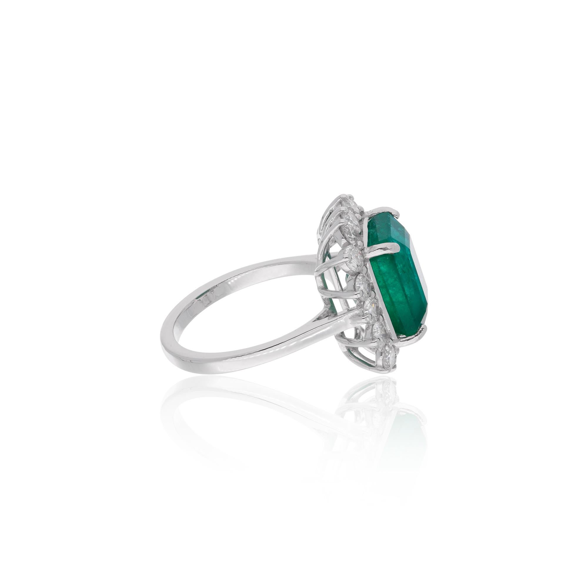 Women's Emerald Gemstone Cocktail Ring Diamond 14 Karat White Gold Handmade Fine Jewelry For Sale