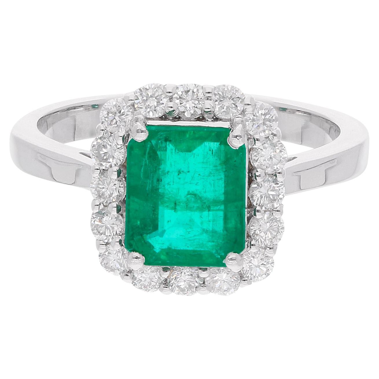 Emerald Gemstone Cocktail Ring Diamond 14 Karat White Gold Handmade Fine Jewelry