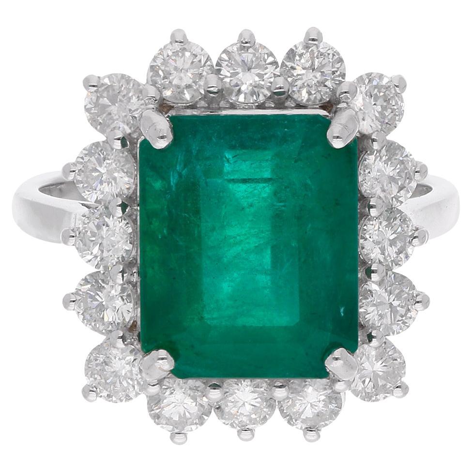 Emerald Gemstone Cocktail Ring Diamond 14 Karat White Gold Handmade Fine Jewelry