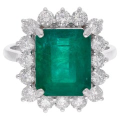 Esmeralda Piedra Cóctel Anillo Diamante 14 Kilates Oro Blanco Hecho a Mano Joyería Fina