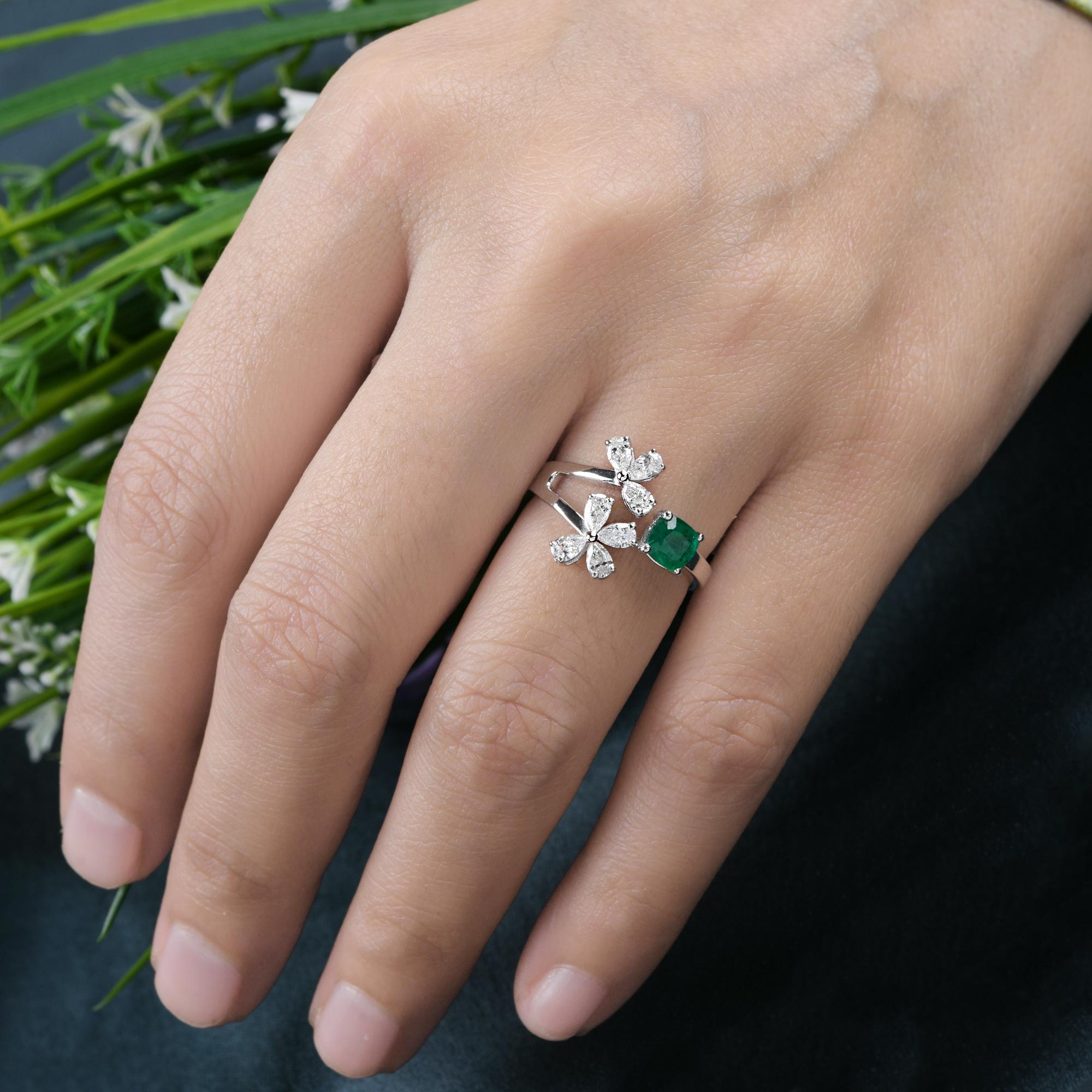 Cushion Cut Emerald Gemstone Cuff Ring Pear Diamond 14 Karat White Gold Handmade Jewelry For Sale