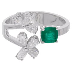 Emerald Gemstone Cuff Ring Pear Diamond 14 Karat White Gold Handmade Jewelry