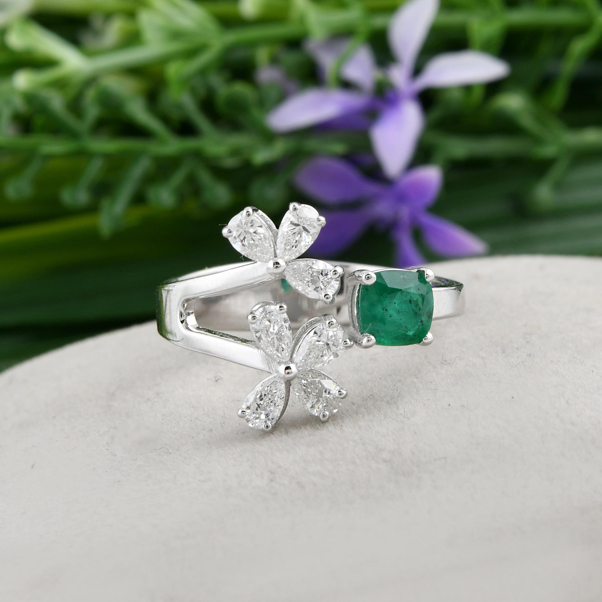 Modern Emerald Gemstone Cuff Ring Pear Diamond 18 Karat White Gold Handmade Jewelry For Sale