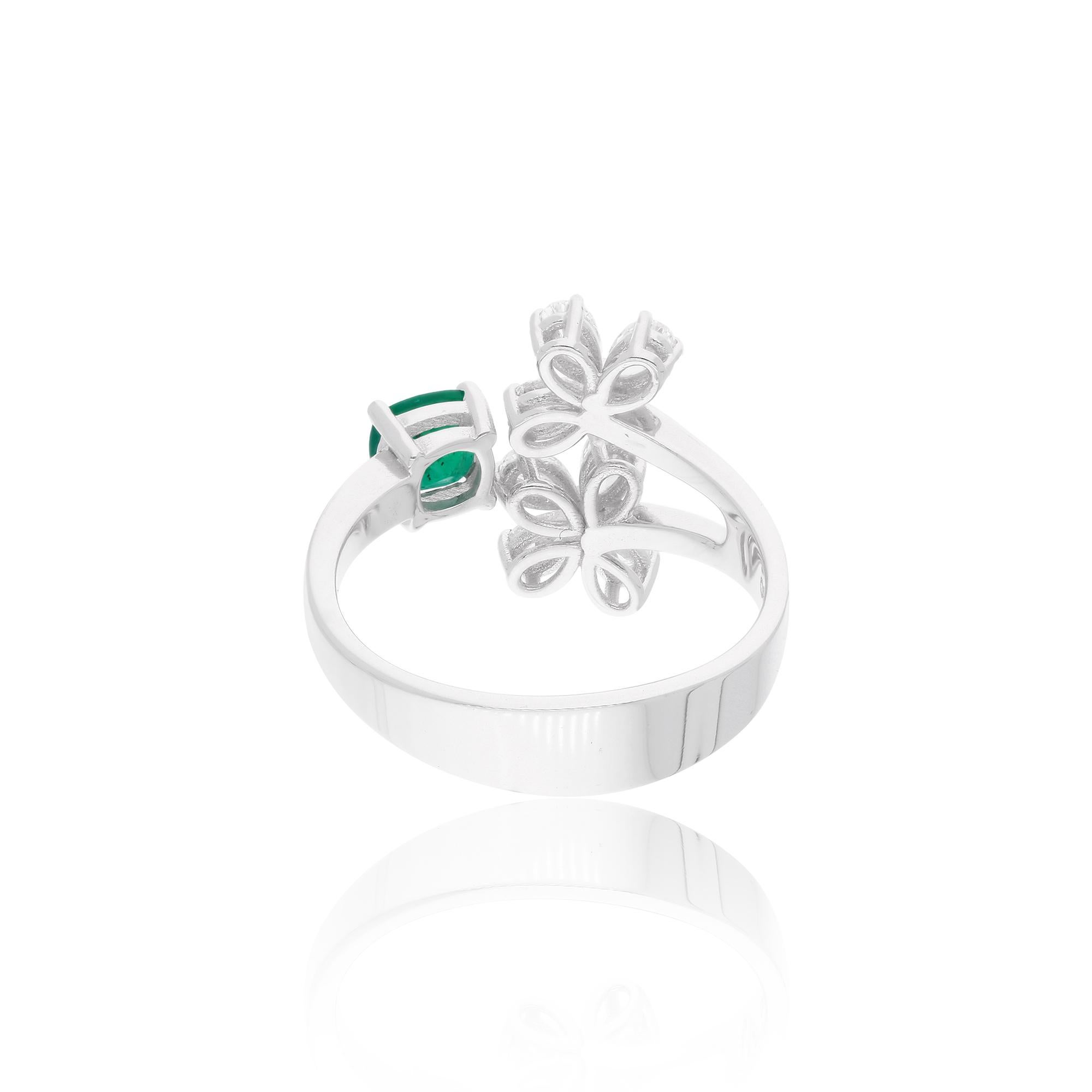 Women's Emerald Gemstone Cuff Ring Pear Diamond 18 Karat White Gold Handmade Jewelry For Sale