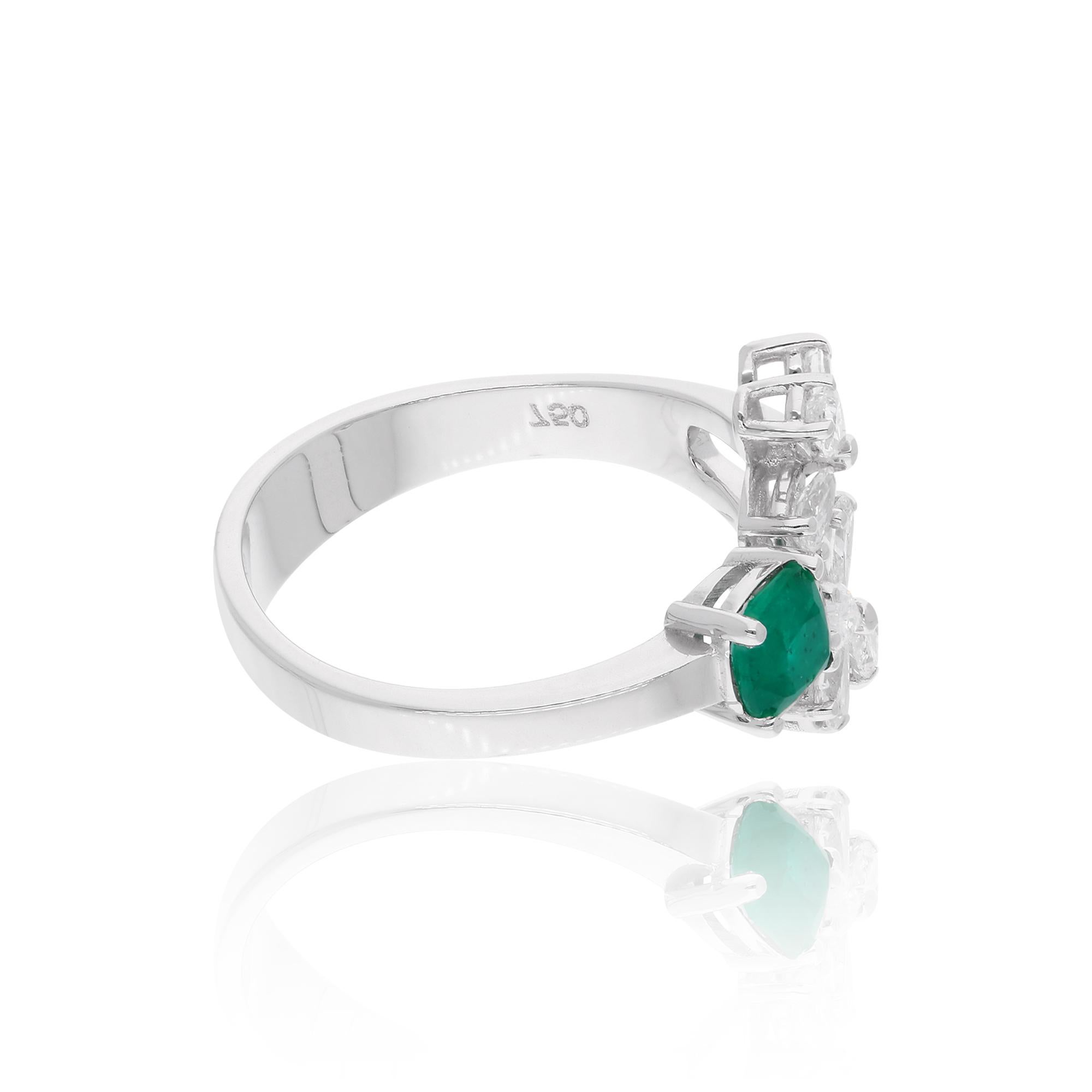 Women's Emerald Gemstone Cuff Ring Pear Diamond 18 Karat White Gold Handmade Jewelry For Sale