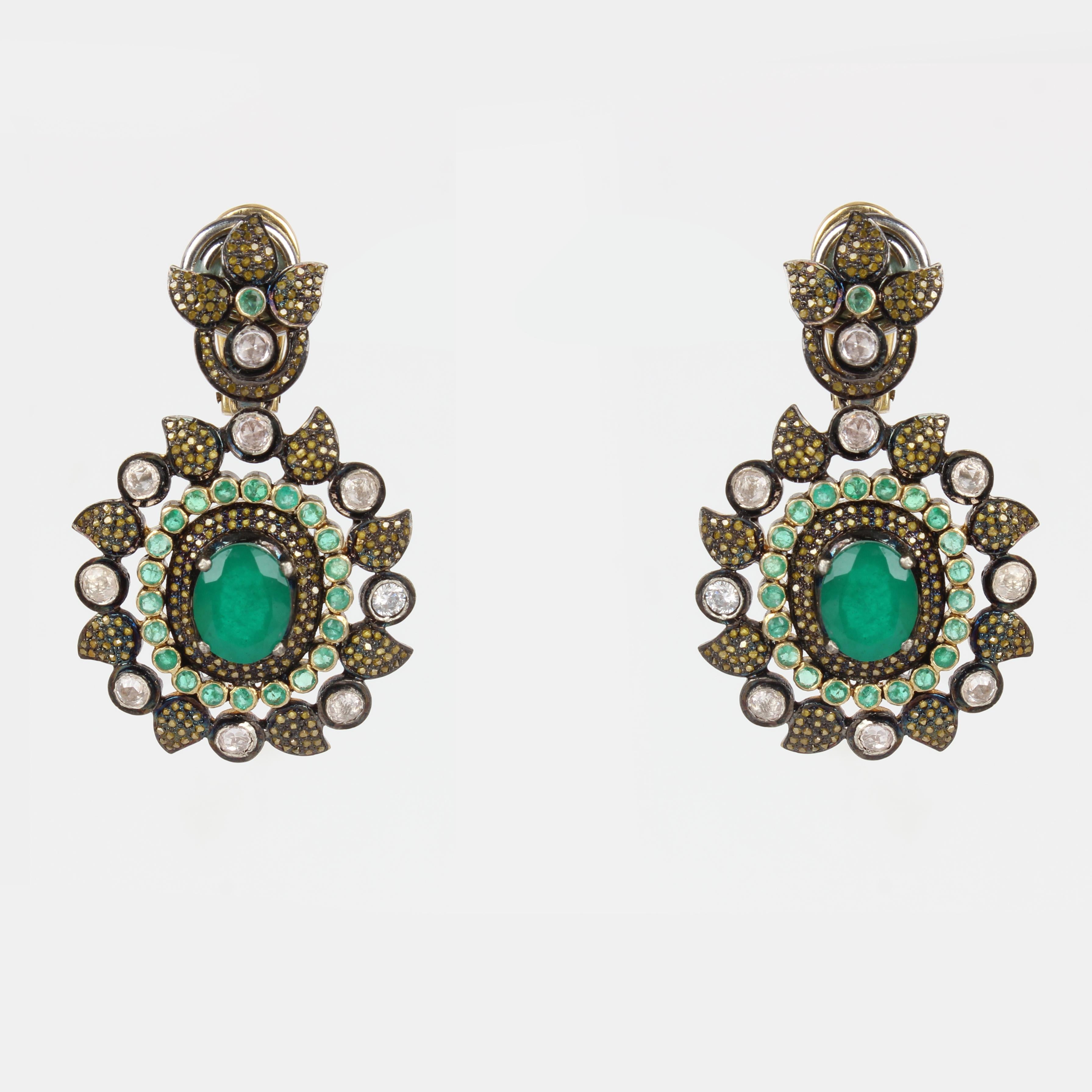 Boucles d'oreilles pendentifs en pierre d'émeraude Bague Ensemble Saphir Jaune Argent Bijoux Vintage en vente 6
