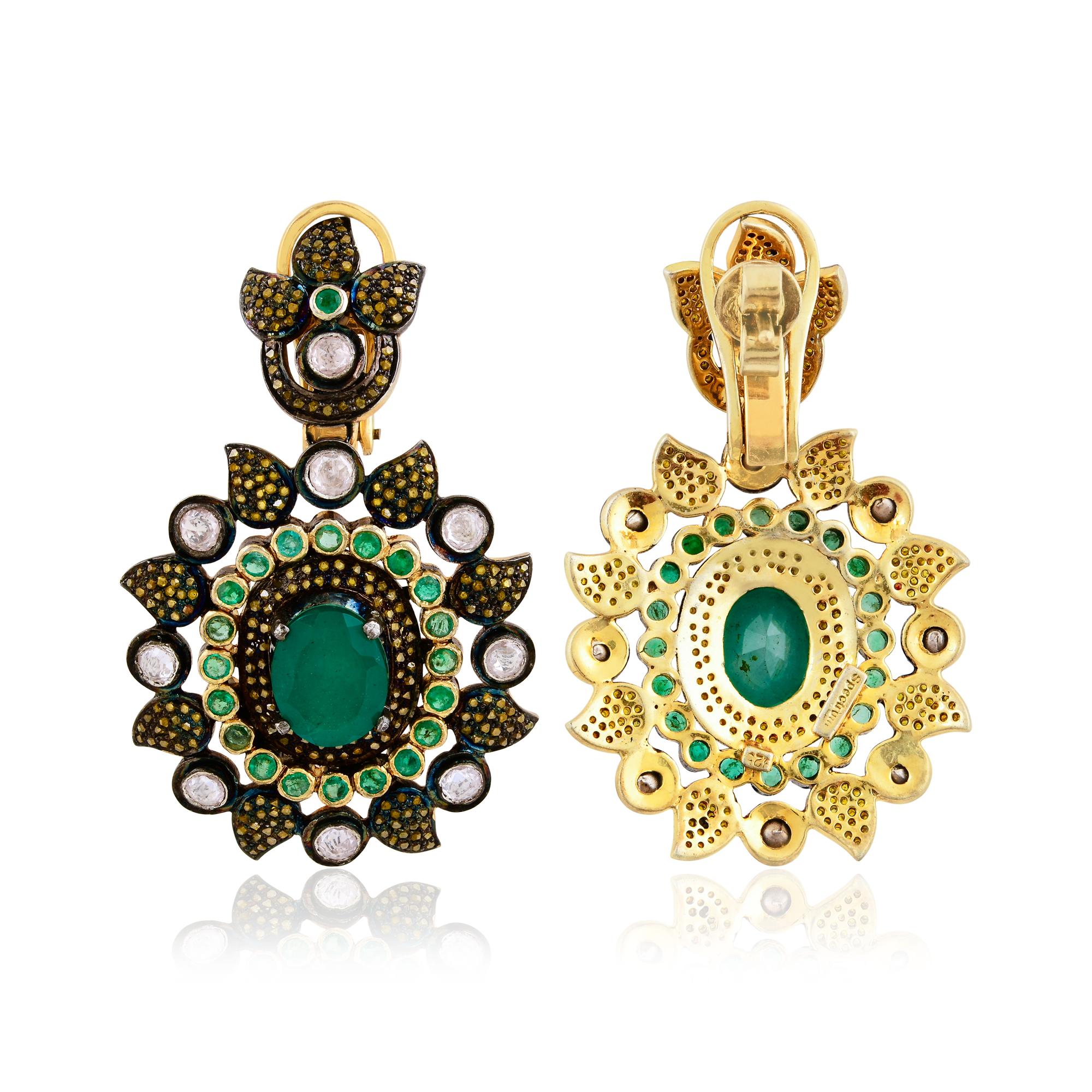 Modern Emerald Gemstone Dangle Earrings Ring Set Yellow Sapphire Silver Vintage Jewelry For Sale