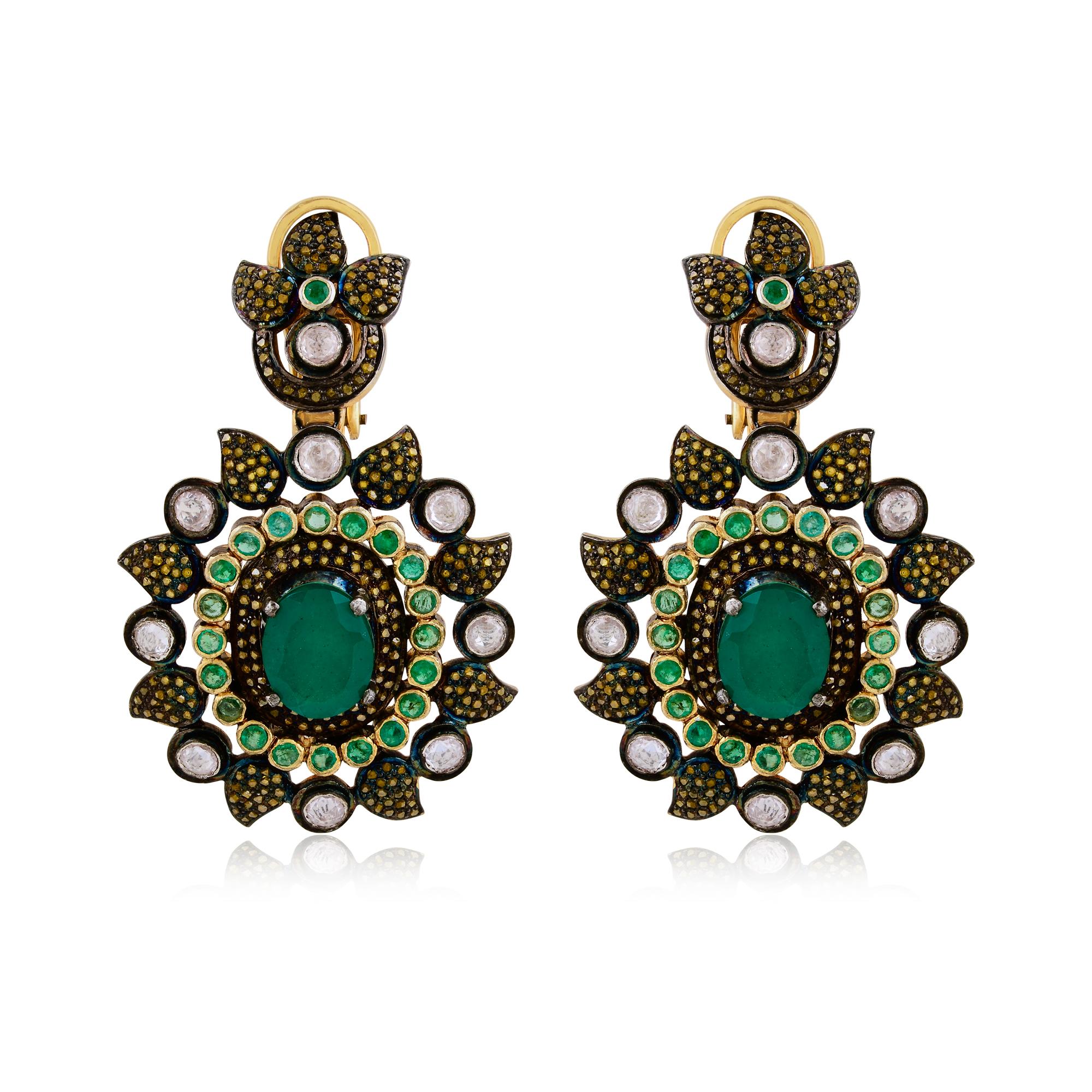 Taille ronde Boucles d'oreilles pendentifs en pierre d'émeraude Bague Ensemble Saphir Jaune Argent Bijoux Vintage en vente