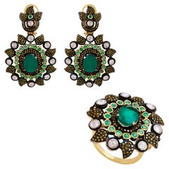 Emerald Gemstone Dangle Earrings Ring Set Yellow Sapphire Silver Used Jewelry