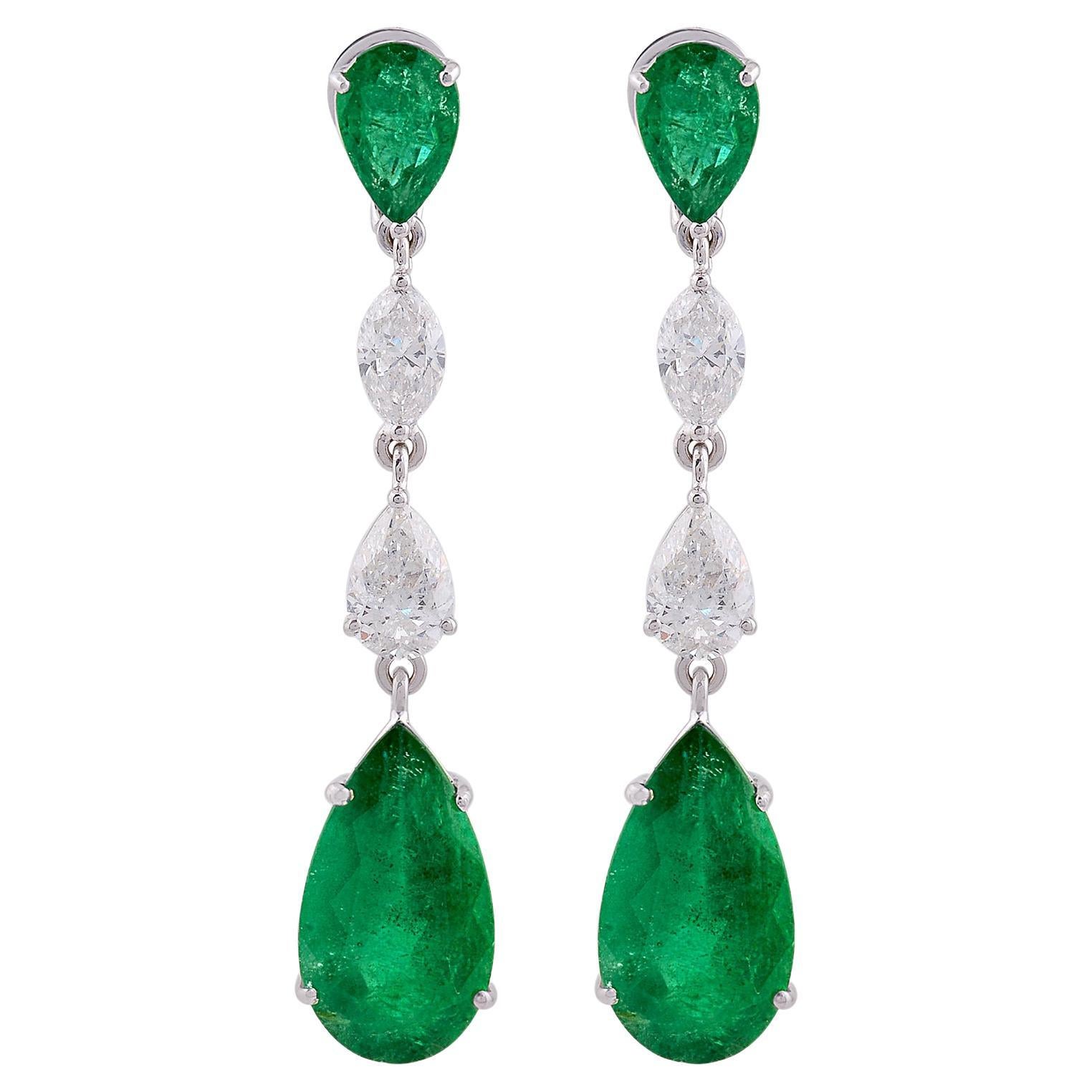 Emerald Gemstone Dangle Earrings SI Clarity HI Color Diamond 18 Karat White Gold