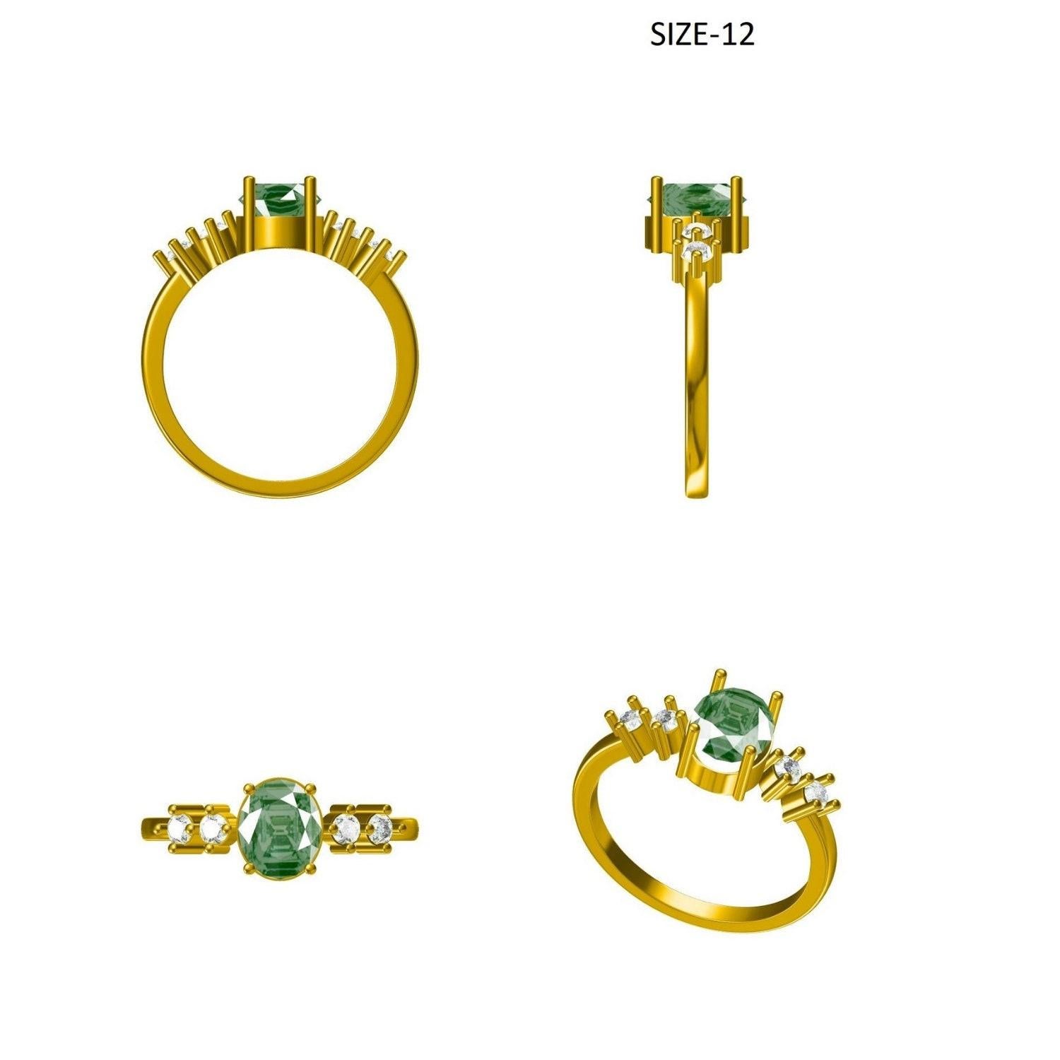 Anello di fidanzamento con diamante e pietra smeraldo in oro massiccio 14K (certificato) in vendita 3