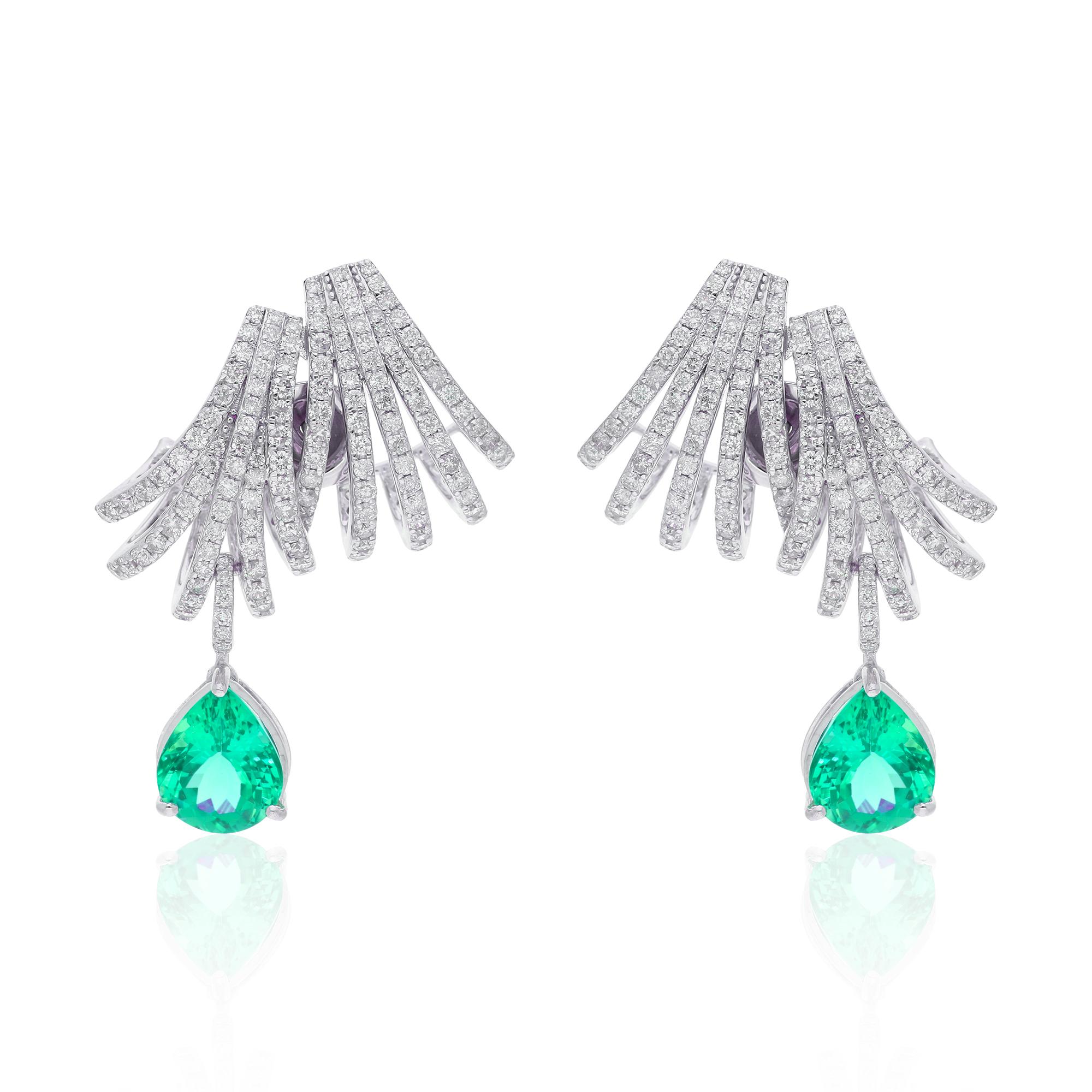 Item Code :- SEE-13532B
Gross Wt. :- 18.90 gm
18k Solid White Gold Wt. :- 17.46 gm
Natural Diamond Wt. :- 4.15 Ct. ( AVERAGE DIAMOND CLARITY SI1-SI2 & COLOR H-I )
Zambian Emerald Wt. :- 3.05 Ct.
Earrings Size :- 33 mm approx.

✦