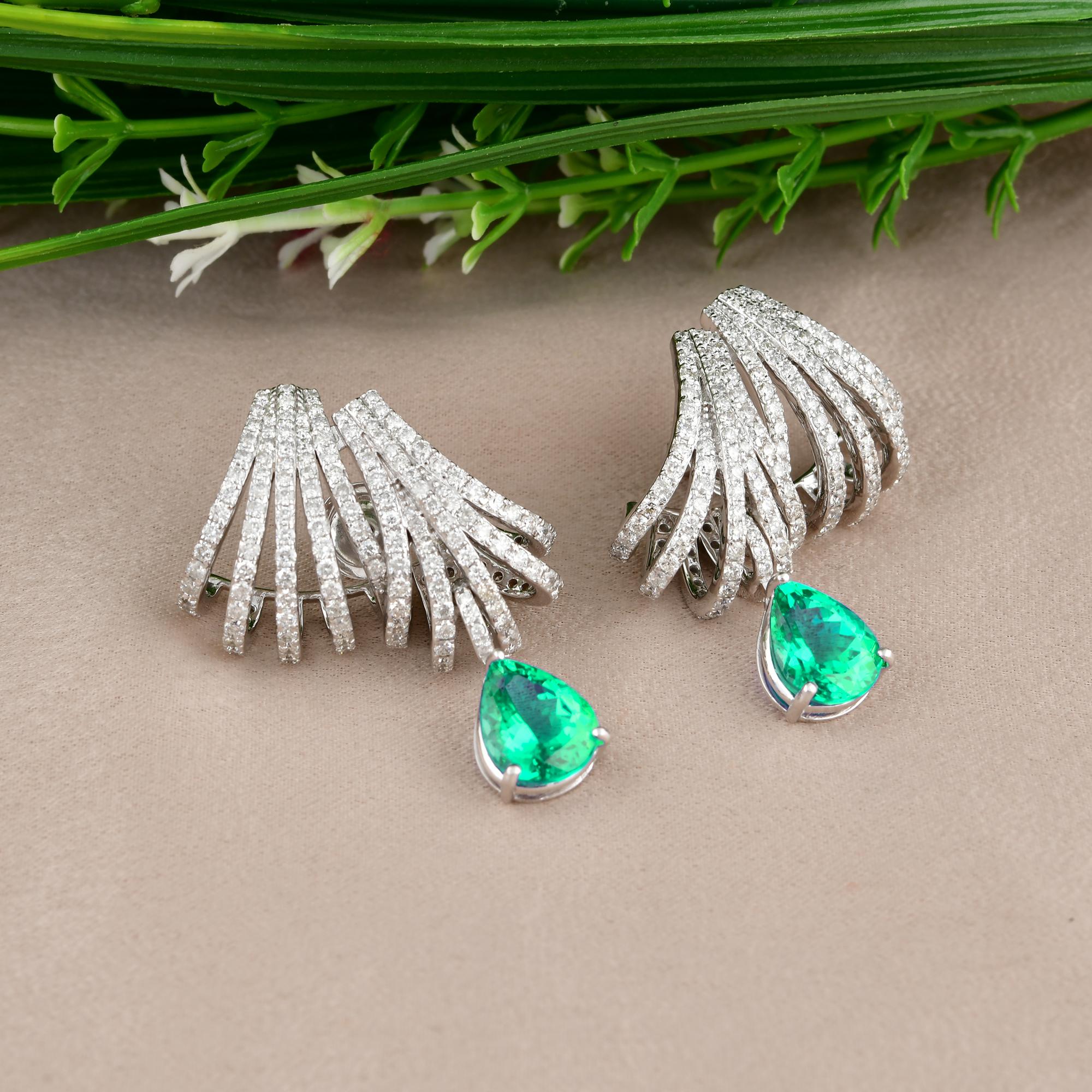 Modern Emerald Gemstone Diamond Pave Multi Layer Ear Cuff Earrings 18 Karat White Gold For Sale