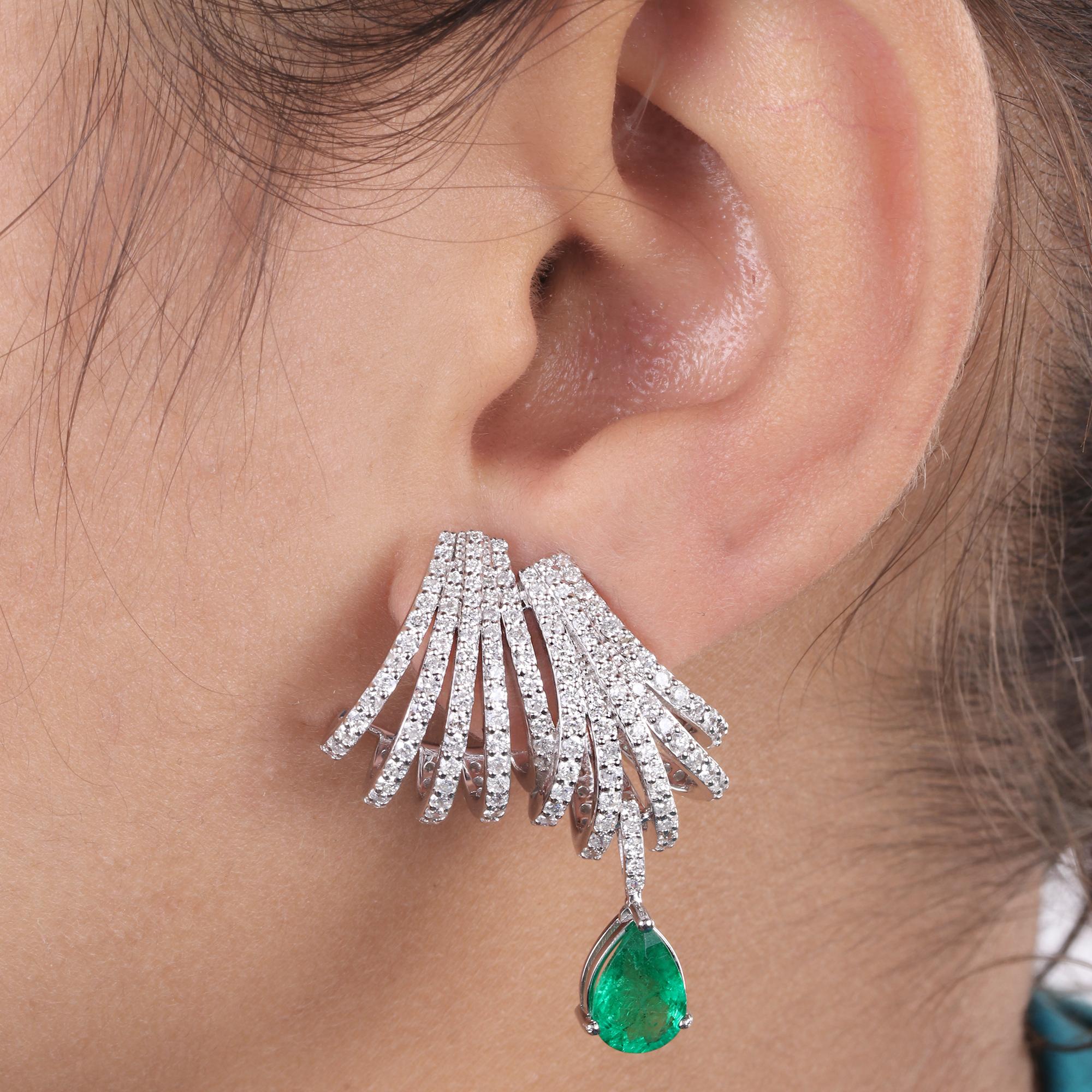 Women's Emerald Gemstone Diamond Pave Multi Layer Ear Cuff Earrings 18 Karat White Gold For Sale