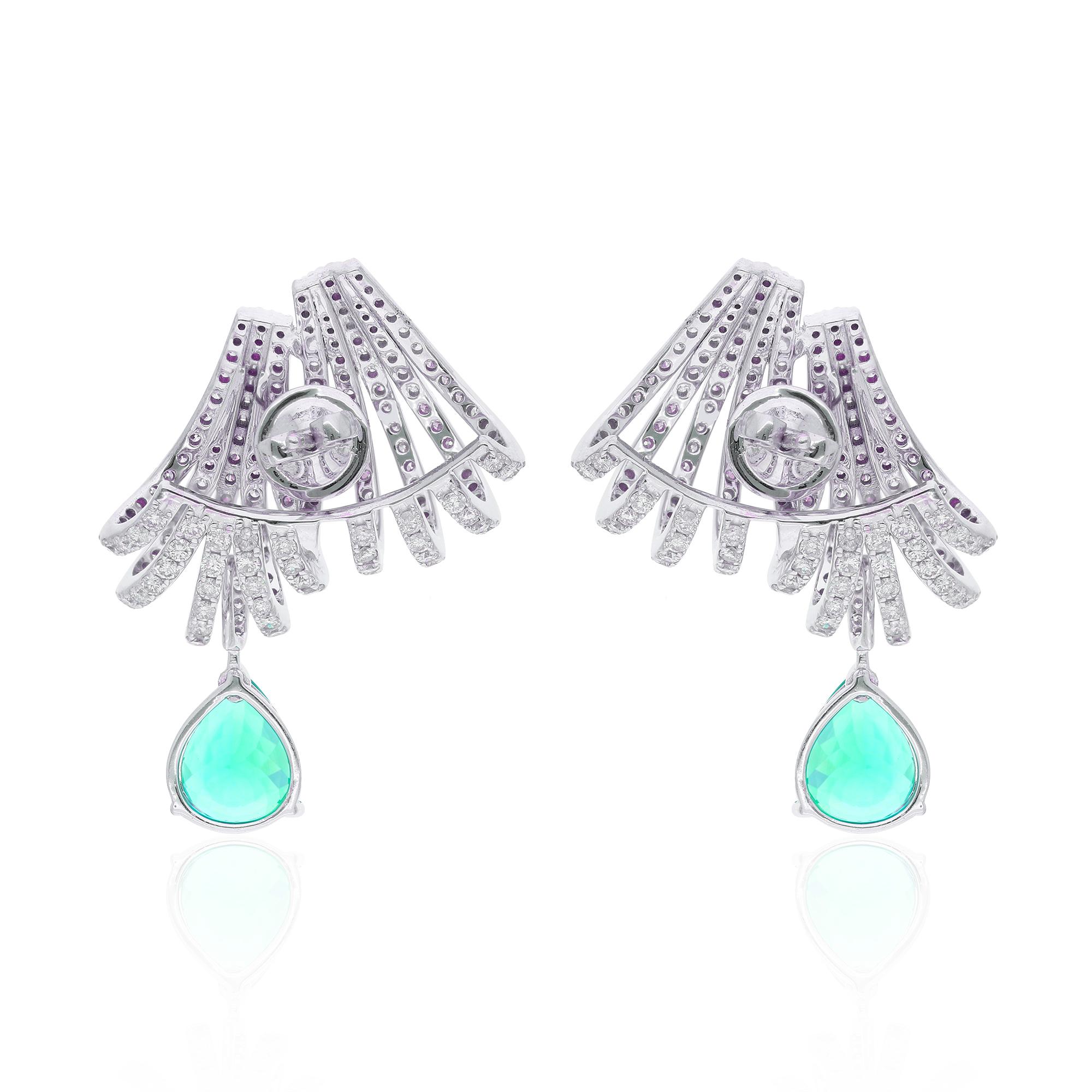 Pear Cut Emerald Gemstone Diamond Pave Multi Layer Ear Cuff Earrings 18 Karat White Gold For Sale