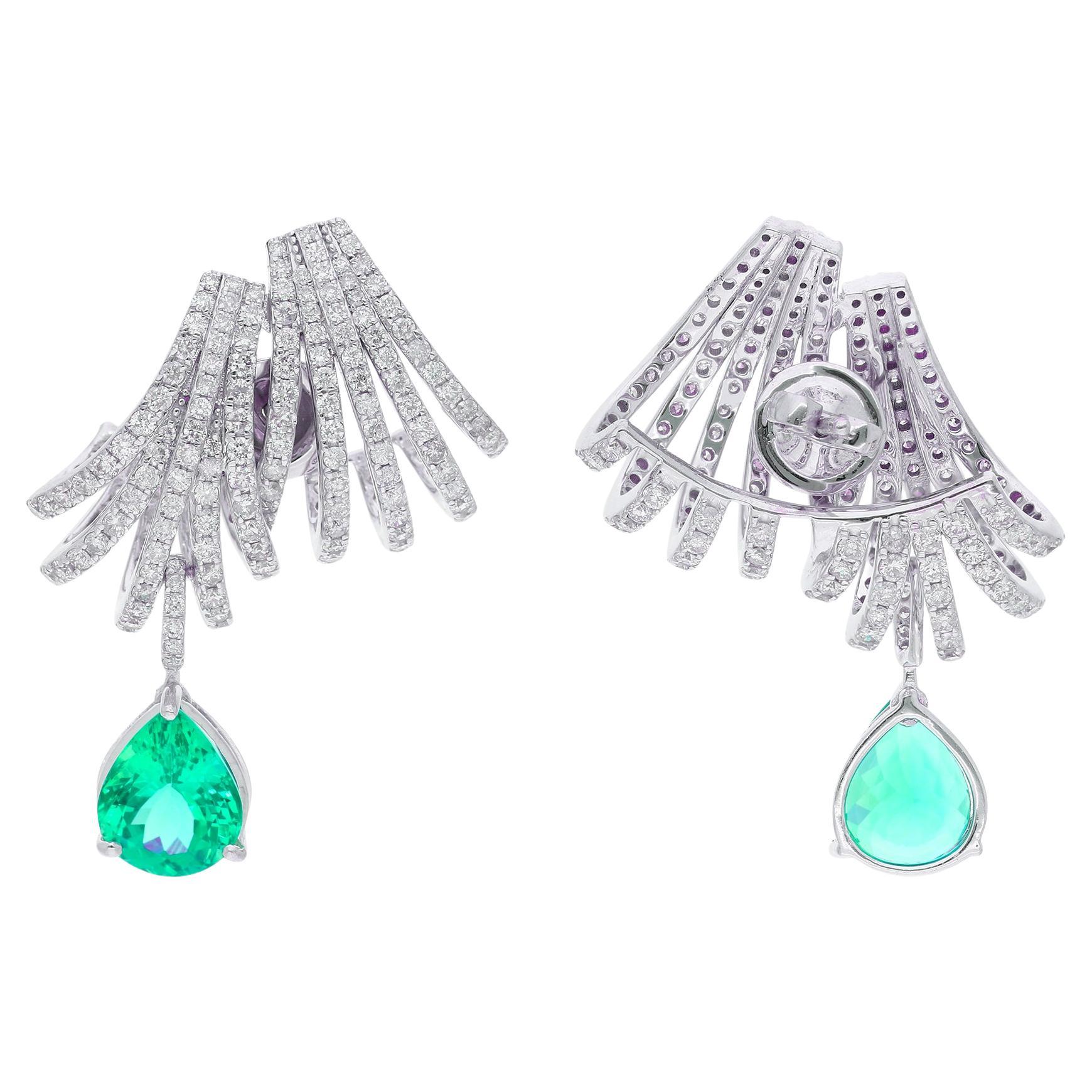 Emerald Gemstone Diamond Pave Multi Layer Ear Cuff Earrings 18 Karat White Gold