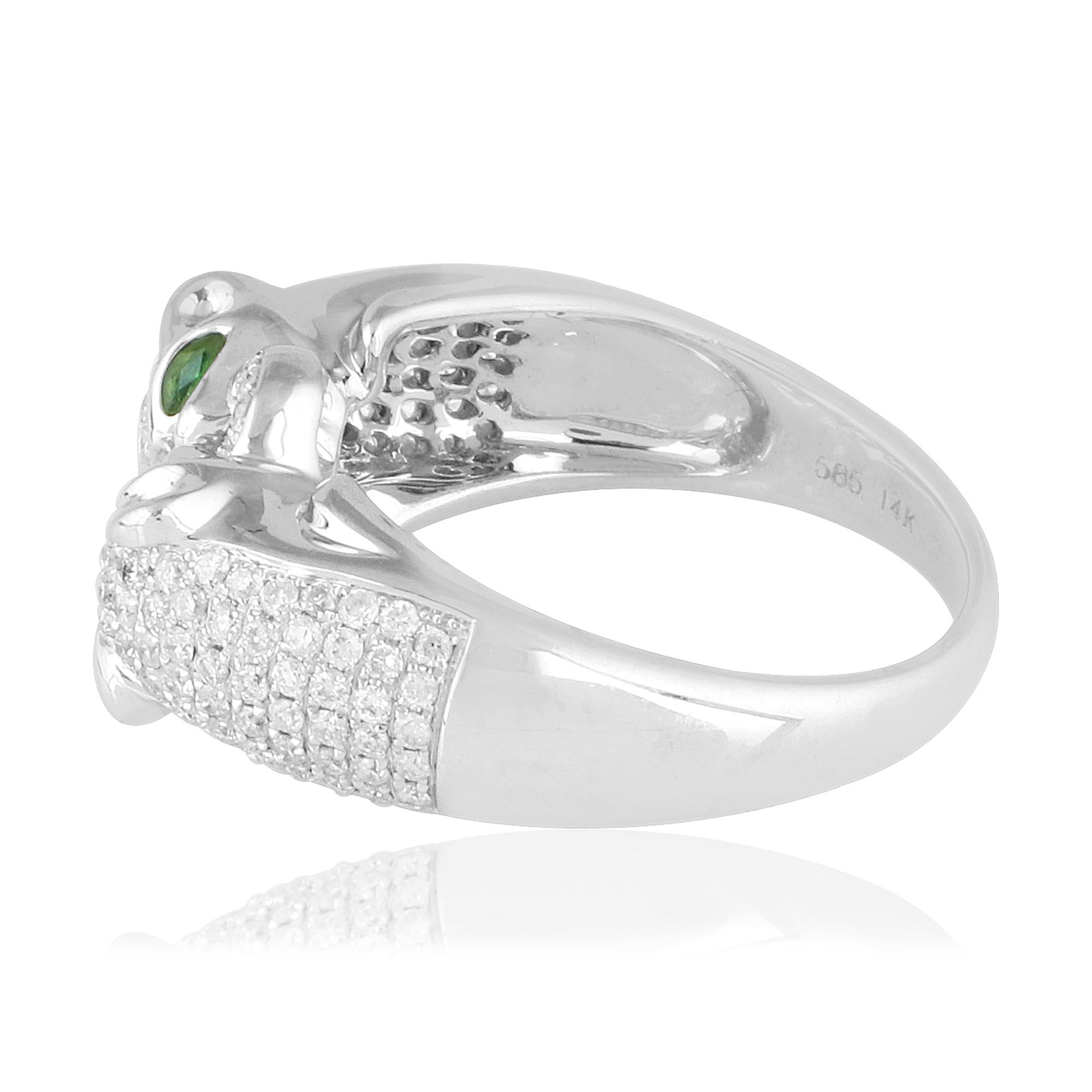 Modern Emerald Gemstone Double Panther Ring Diamond 14 Karat White Gold Fine Jewelry