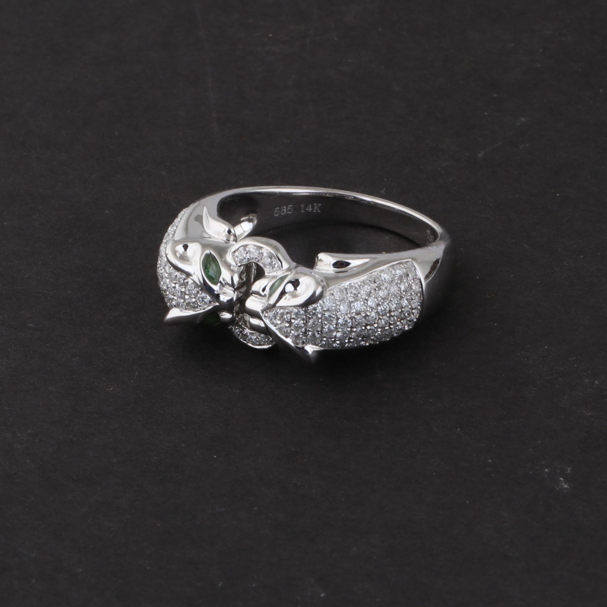Marquise Cut Emerald Gemstone Double Panther Ring Diamond 14 Karat White Gold Fine Jewelry