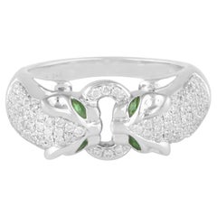 Emerald Gemstone Double Panther Ring Diamond 14 Karat White Gold Fine Jewelry