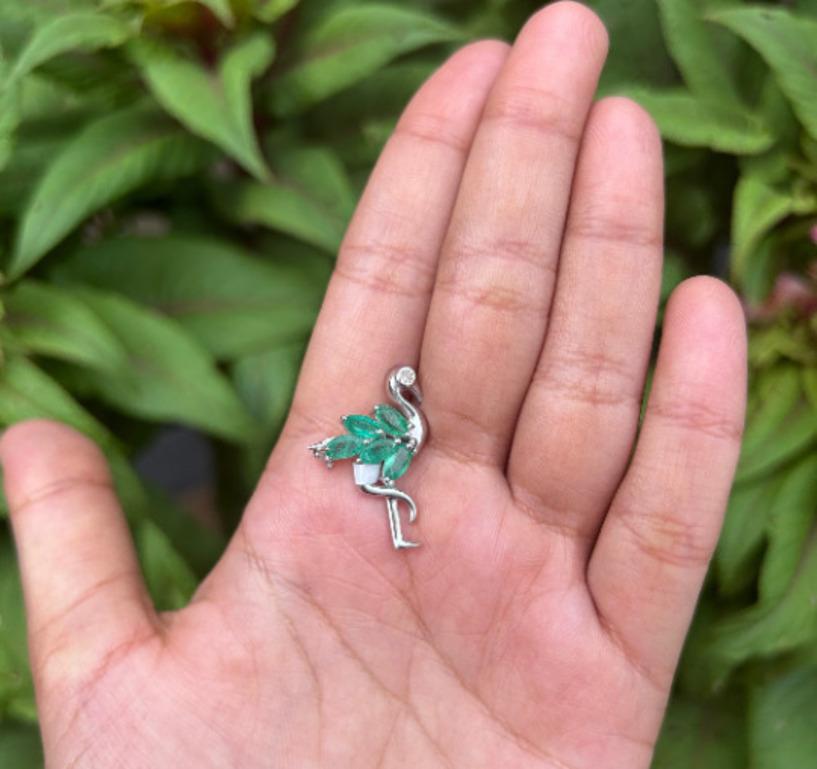 Marquise Cut Genuine Emerald Flamingo Brooch Pin in 925 Sterling Silver For Sale