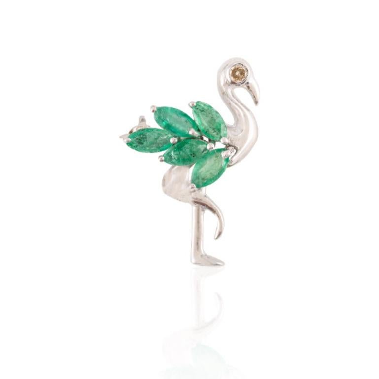 Genuine Emerald Flamingo Brooch Pin in 925 Sterling Silver In New Condition For Sale In Houston, TX