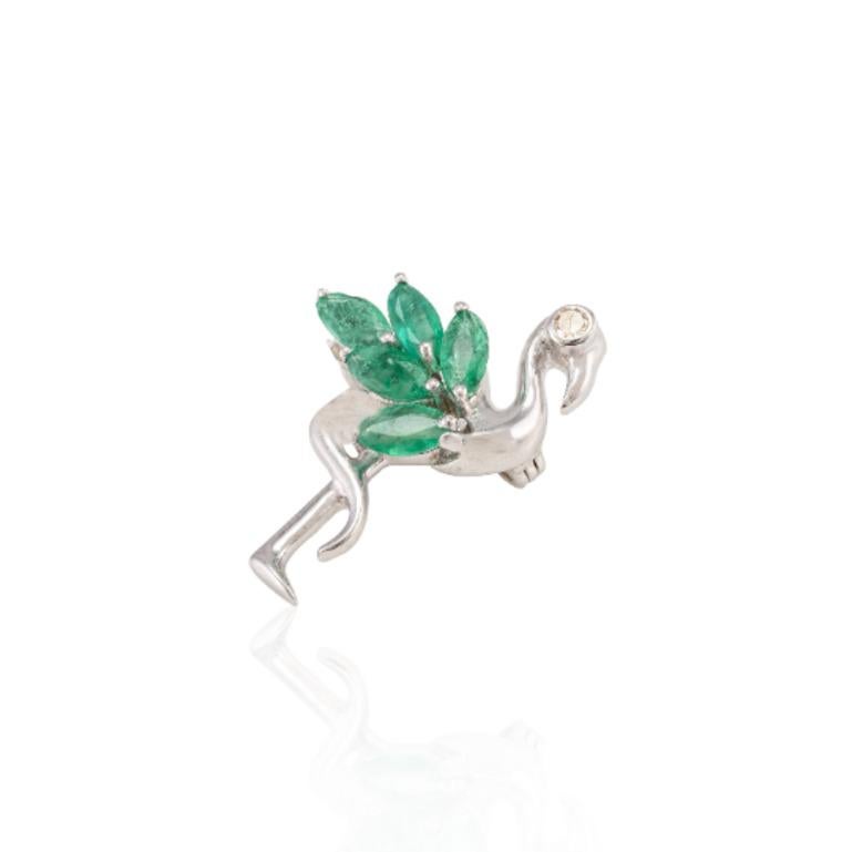 Women's or Men's Genuine Emerald Flamingo Brooch Pin in 925 Sterling Silver For Sale