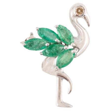 Genuine Emerald Flamingo Brooch Pin in 925 Sterling Silver For Sale