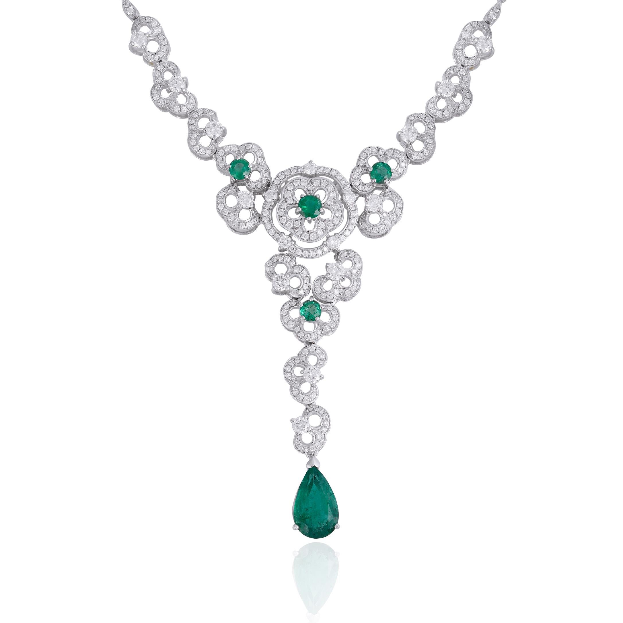 Introducing our zambian emerald gemstone flower pendant diamond necklace. The centerpiece of this necklace is a stunning flower-shaped pendant.This necklace is a true luxury, making it a perfect accessory for both formal occasions and everyday