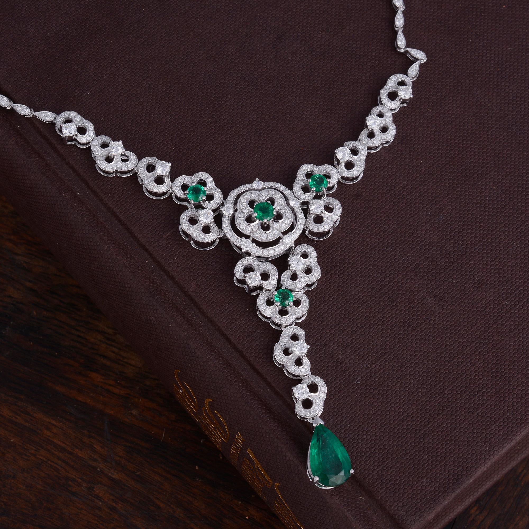 Modern Emerald Gemstone Flower Pendant Diamond Necklace 18 Karat White Gold Jewelry For Sale