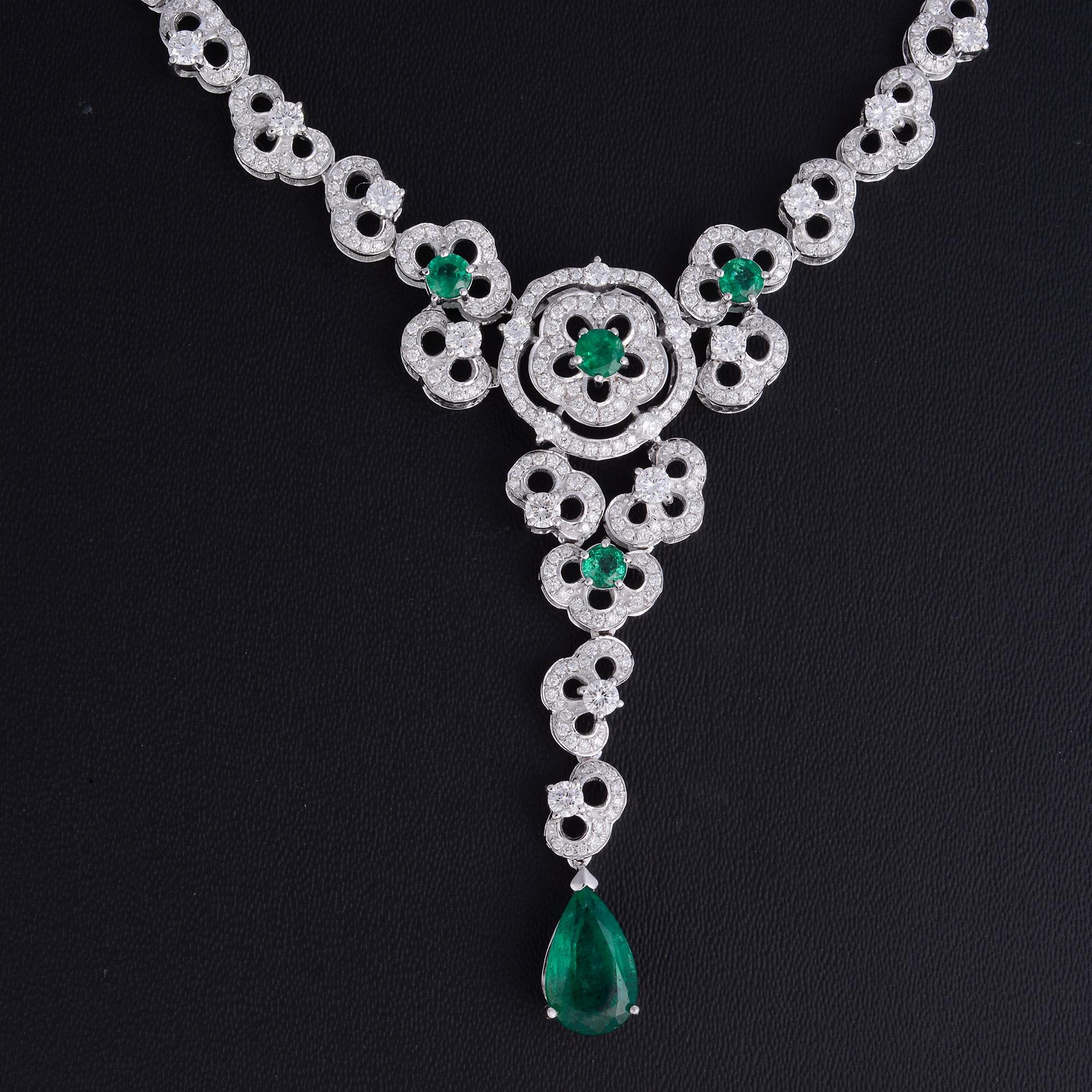 Pear Cut Emerald Gemstone Flower Pendant Diamond Necklace 18 Karat White Gold Jewelry For Sale