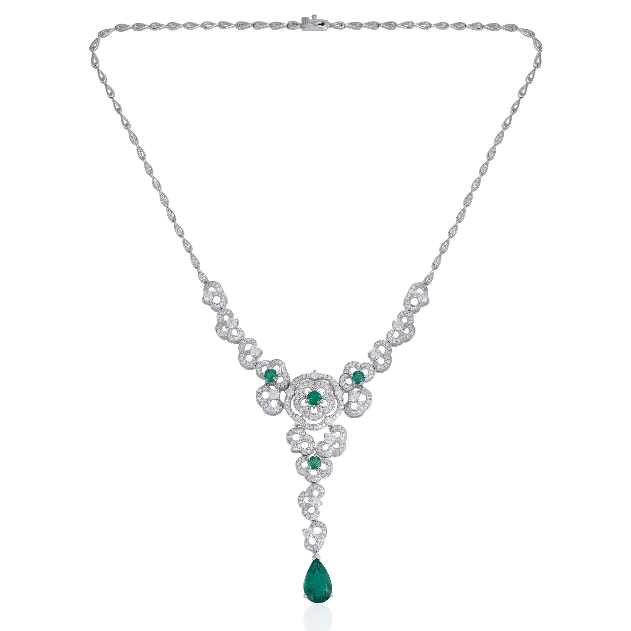 Emerald Gemstone Flower Pendant Diamond Necklace 18 Karat White Gold Jewelry For Sale 1