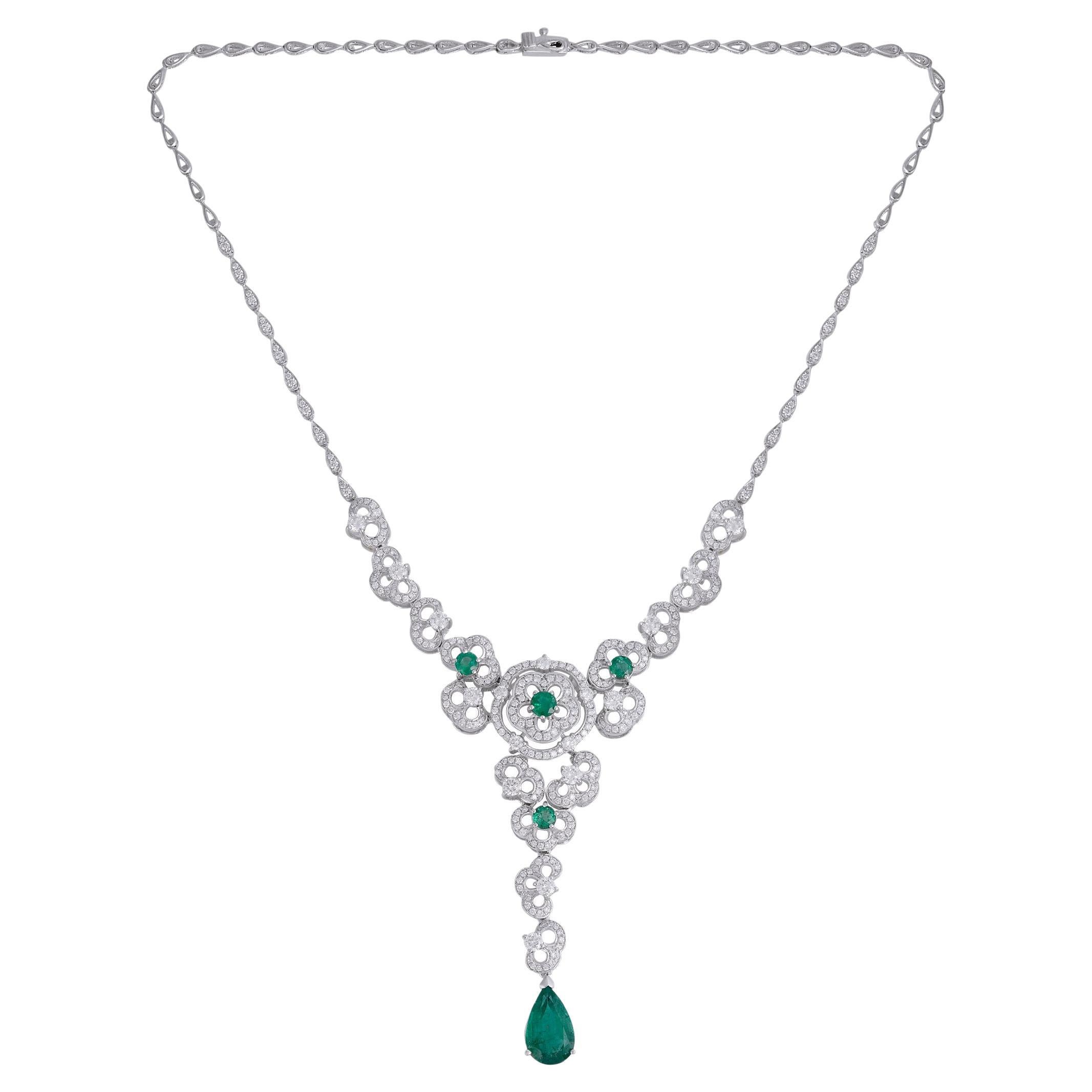 Emerald Gemstone Flower Pendant Diamond Necklace 18 Karat White Gold Jewelry