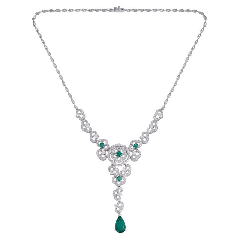 Emerald Gemstone Flower Pendant Diamond Necklace 18 Karat White Gold ...