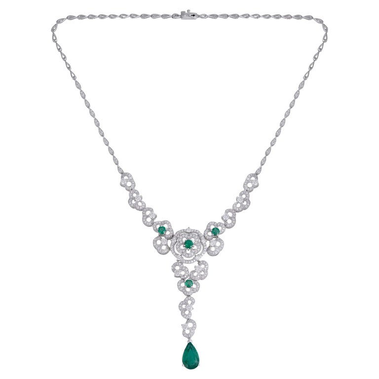 Emerald Gemstone Flower Pendant Diamond Necklace 18 Karat White Gold