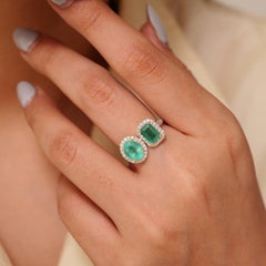 2.94 Carat Toi et Moi Natural Emerald & Diamond Halo Ring, 14k Yellow Gold