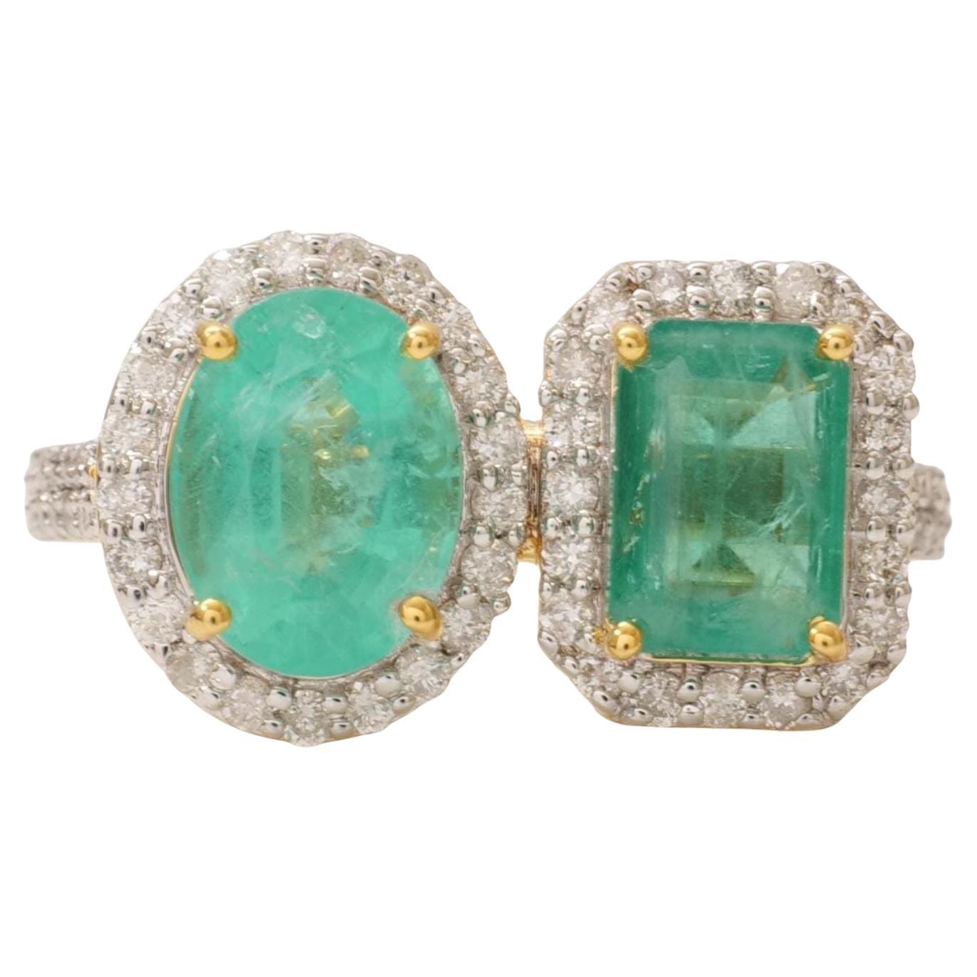 Emerald Gemstone Halo Natural Diamond Ring in 14k Solid Gold (Certified) For Sale