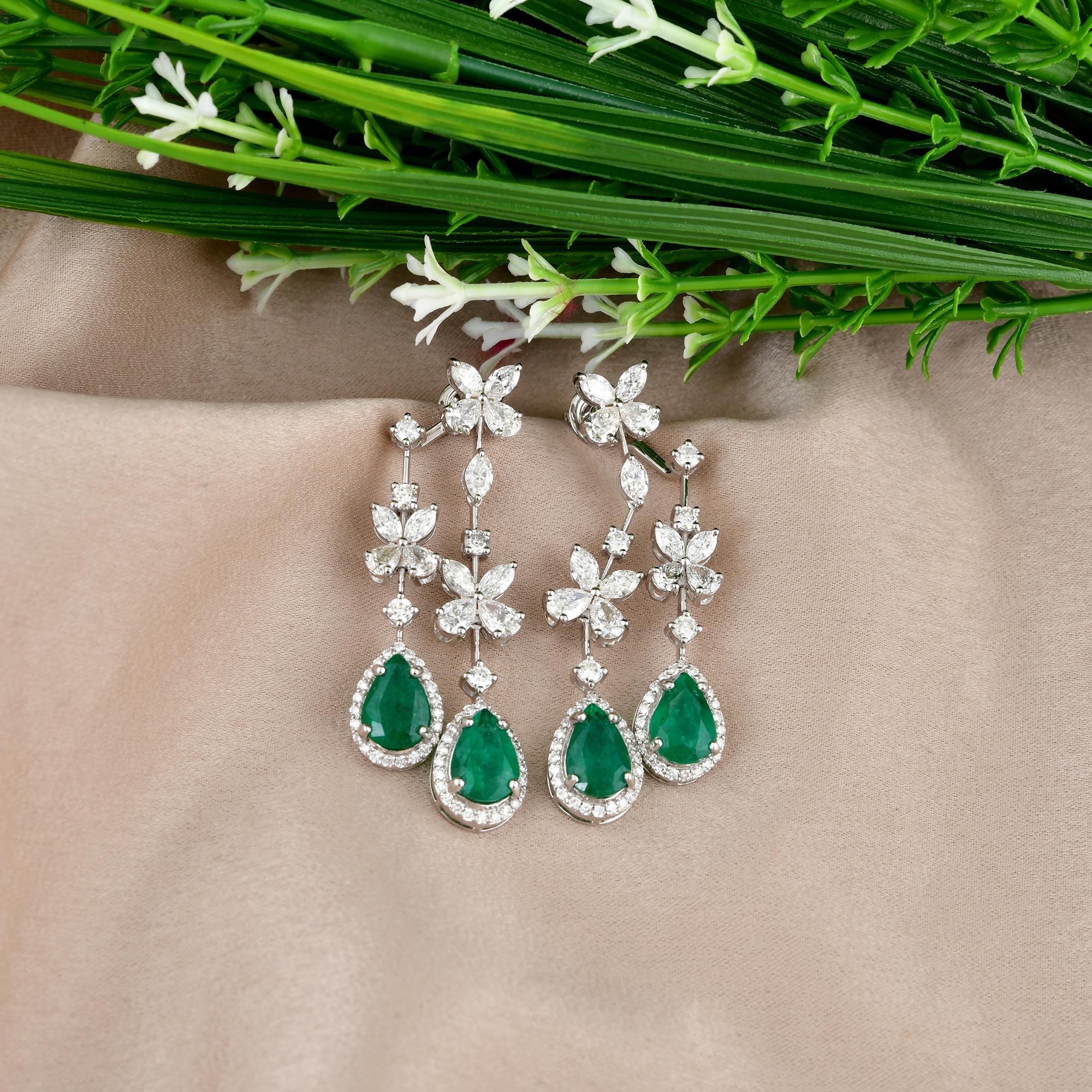 Modern Emerald Gemstone Jacket Earrings Diamond 18 Karat White Gold Handmade Jewelry For Sale