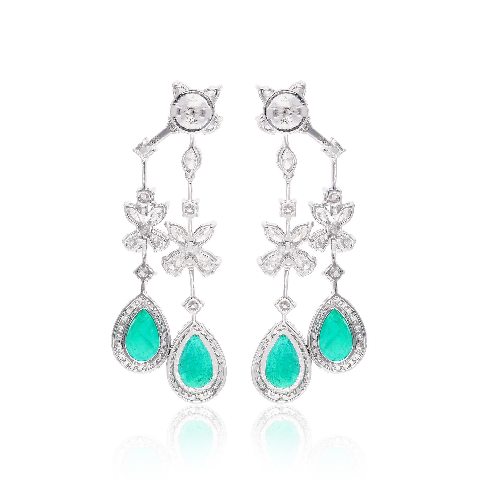 Pear Cut Emerald Gemstone Jacket Earrings Diamond 18 Karat White Gold Handmade Jewelry For Sale