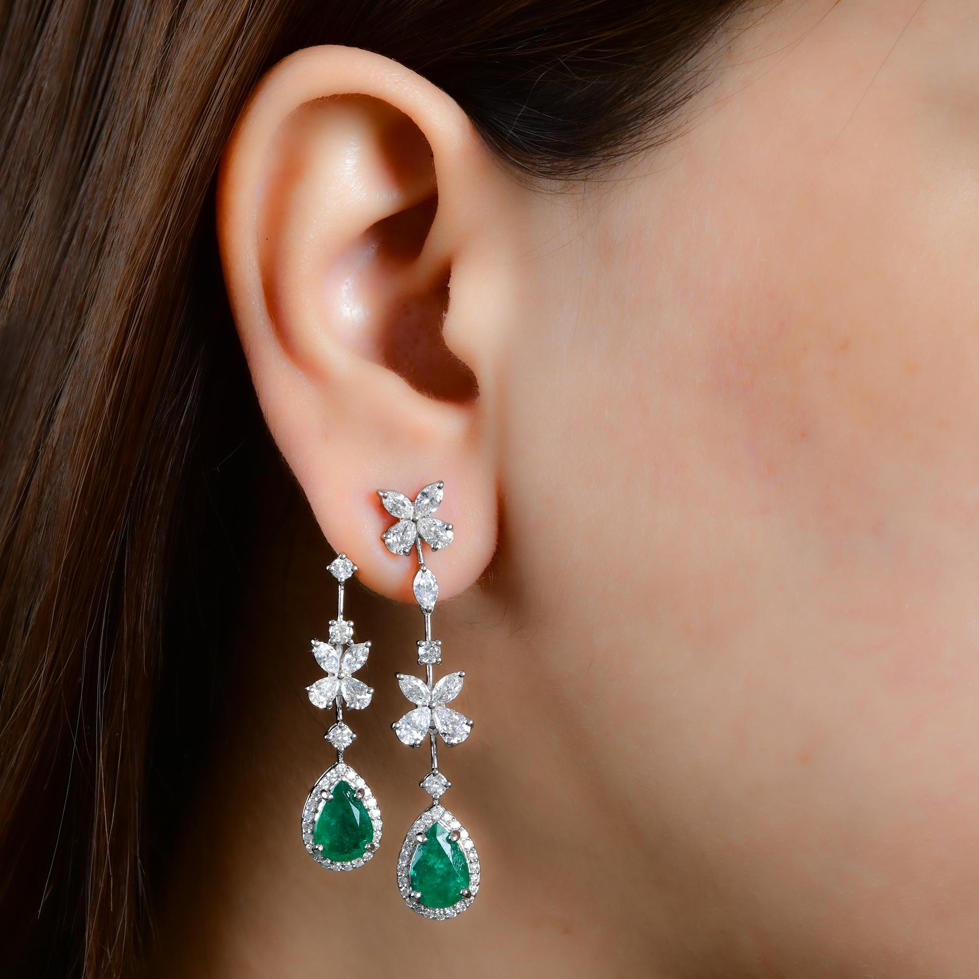 Women's Emerald Gemstone Jacket Earrings Diamond 18 Karat White Gold Handmade Jewelry For Sale