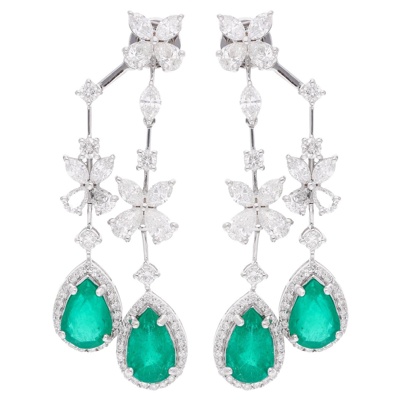 Emerald Gemstone Jacket Earrings Diamond 18 Karat White Gold Handmade Jewelry For Sale