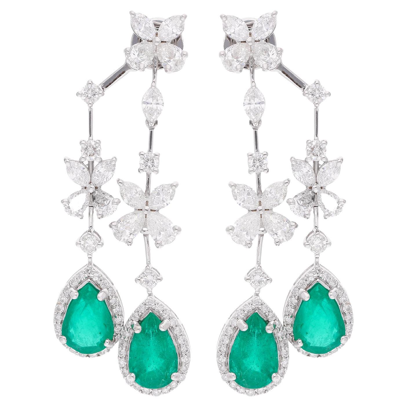 Emerald Gemstone Jacket Earrings Diamond 18 Karat White Gold Handmade Jewelry For Sale