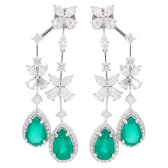 Emerald Gemstone Jacket Earrings Diamond 18 Karat White Gold Handmade Jewelry