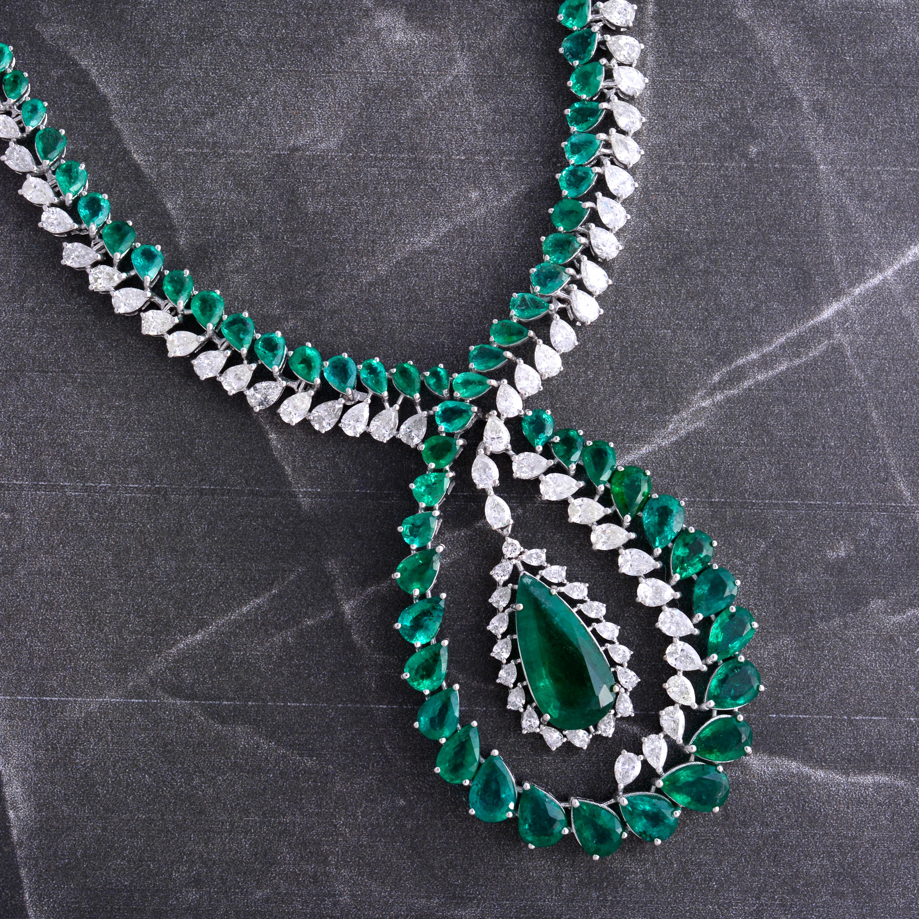 Modern Emerald Gemstone Necklace Pave Set Diamond 18 Karat White Gold Handmade Jewelry For Sale