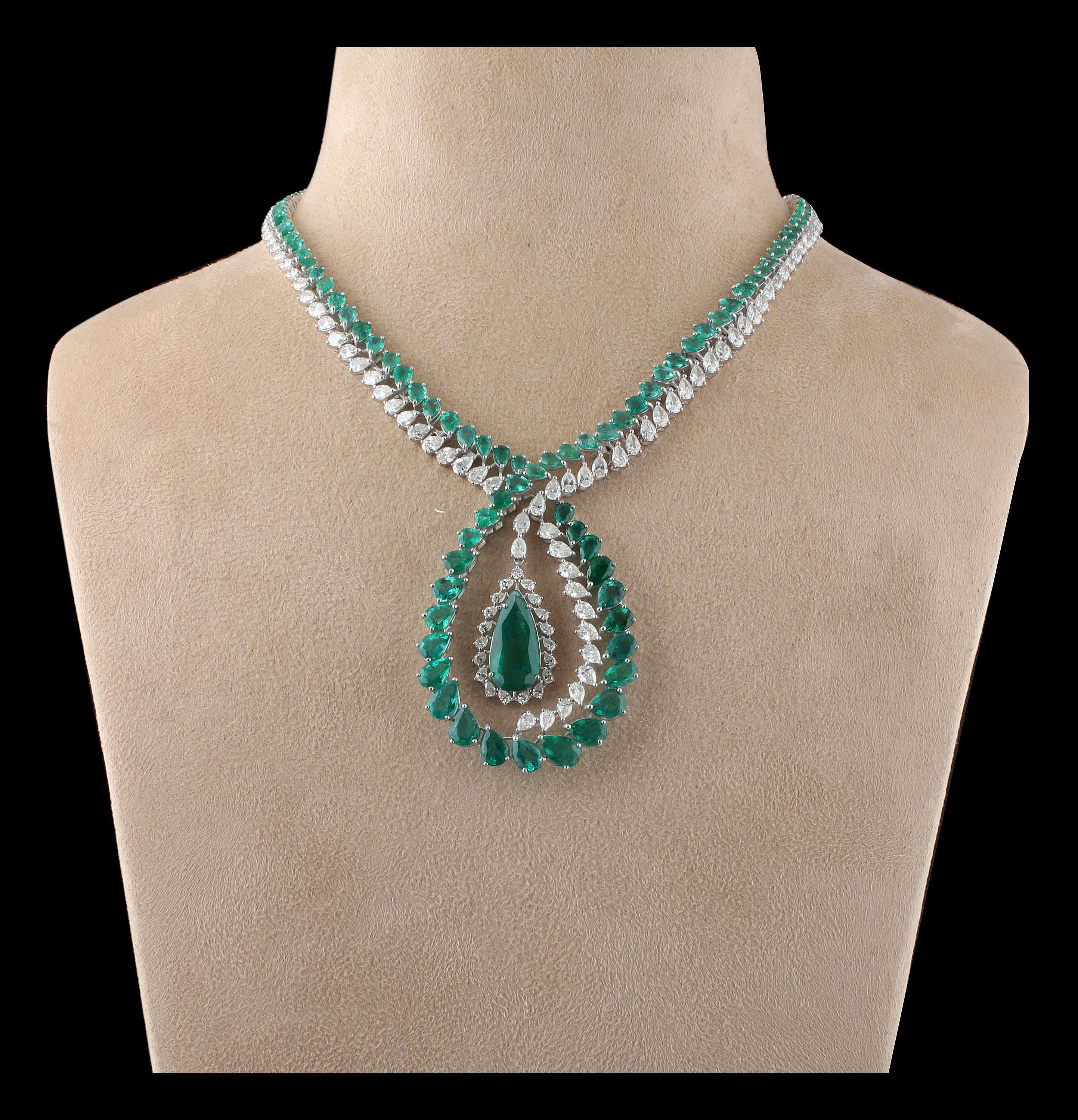 Emerald Cut Emerald Gemstone Necklace Pave Set Diamond 18 Karat White Gold Handmade Jewelry For Sale