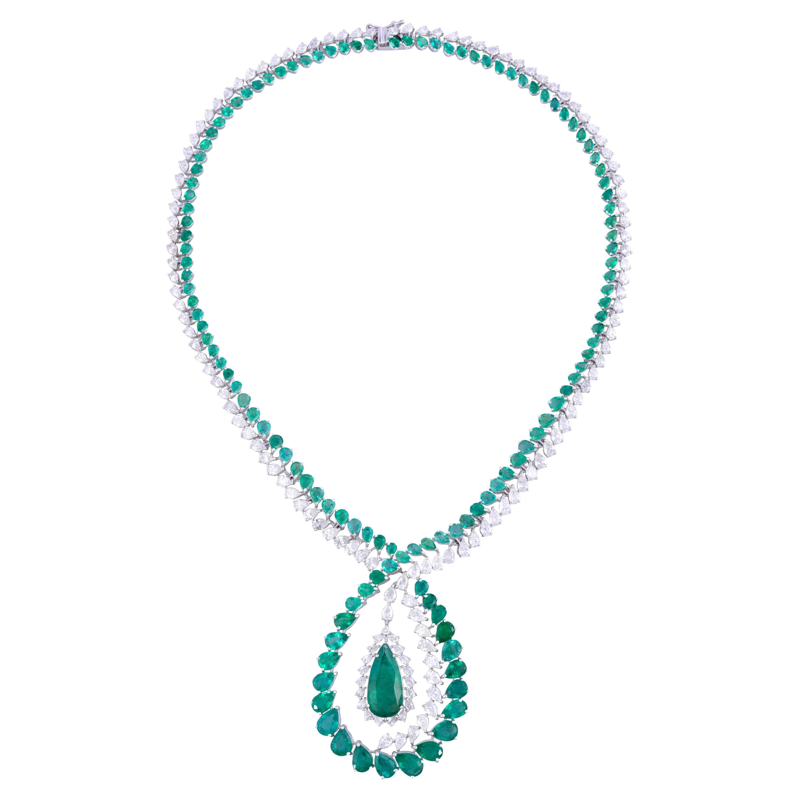 Emerald Gemstone Necklace Pave Set Diamond 18 Karat White Gold Handmade Jewelry For Sale