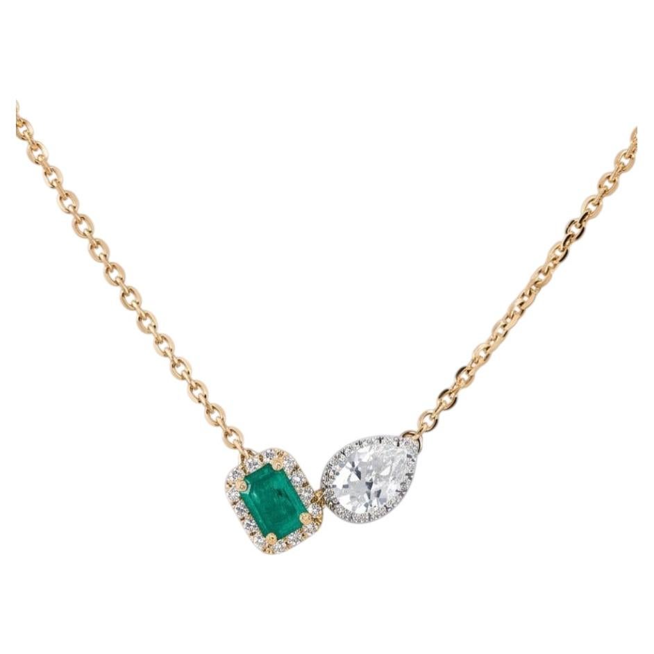 Emerald Gemstone & Pear Natural Diamond Necklace in 14K Solid Gold (Certified)