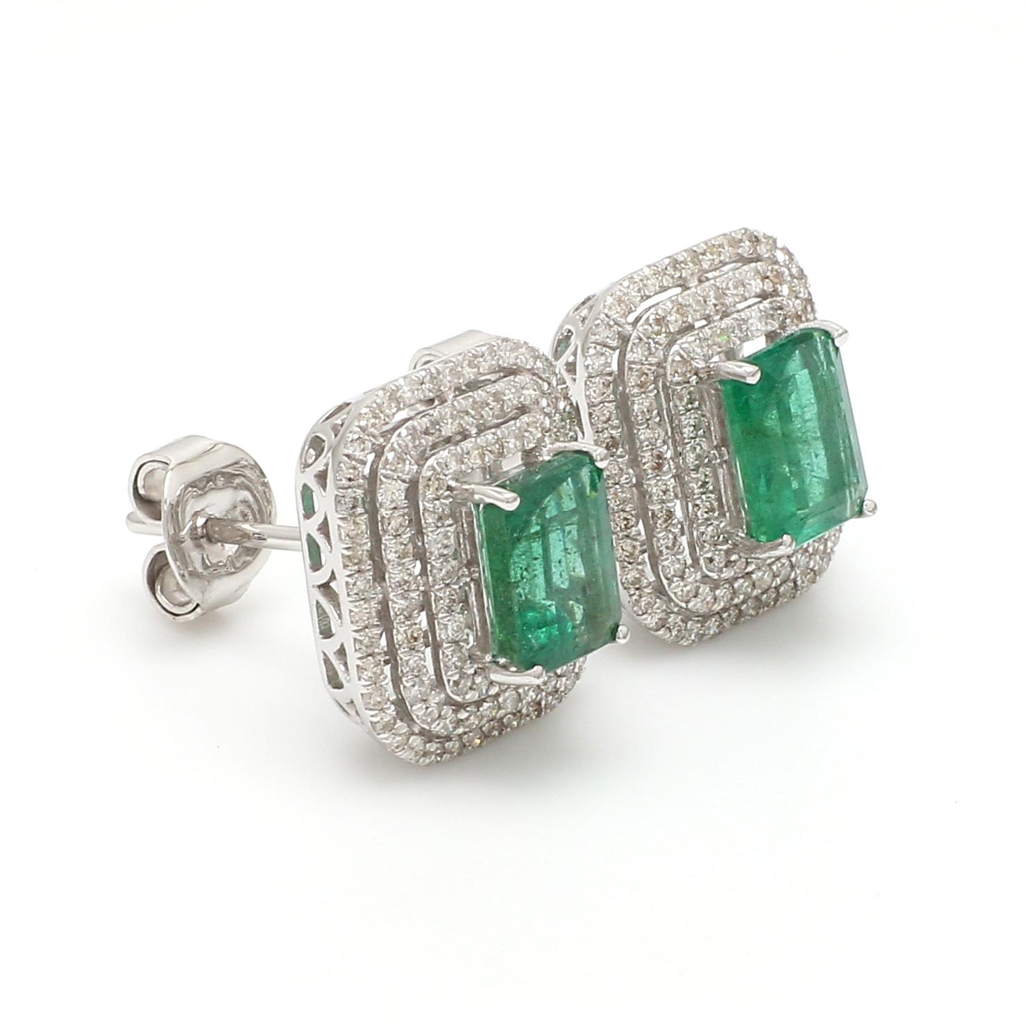 Emerald Cut Emerald Gemstone Stud Earrings Pave Diamond 18 Karat White Gold Handmade Jewelry For Sale