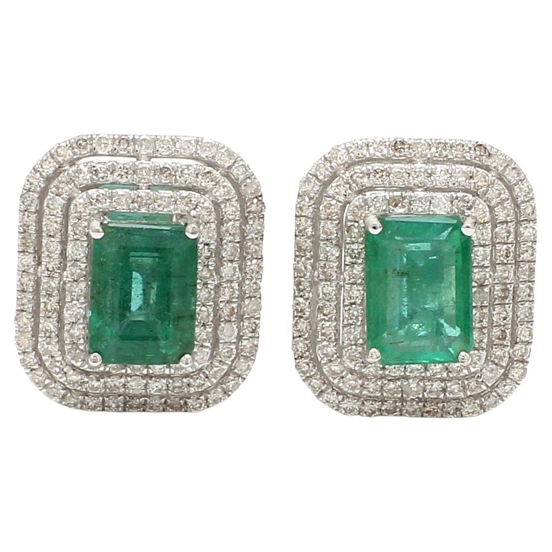 Emerald Gemstone Stud Earrings Pave Diamond 18 Karat White Gold Handmade Jewelry For Sale