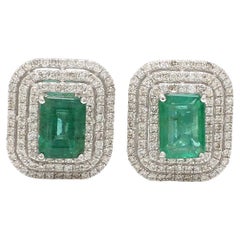 Emerald Gemstone Stud Earrings Pave Diamond 18 Karat White Gold Handmade Jewelry